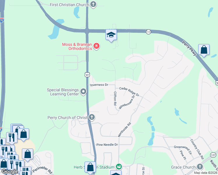 map of restaurants, bars, coffee shops, grocery stores, and more near 207 Inverness Drive in Perry