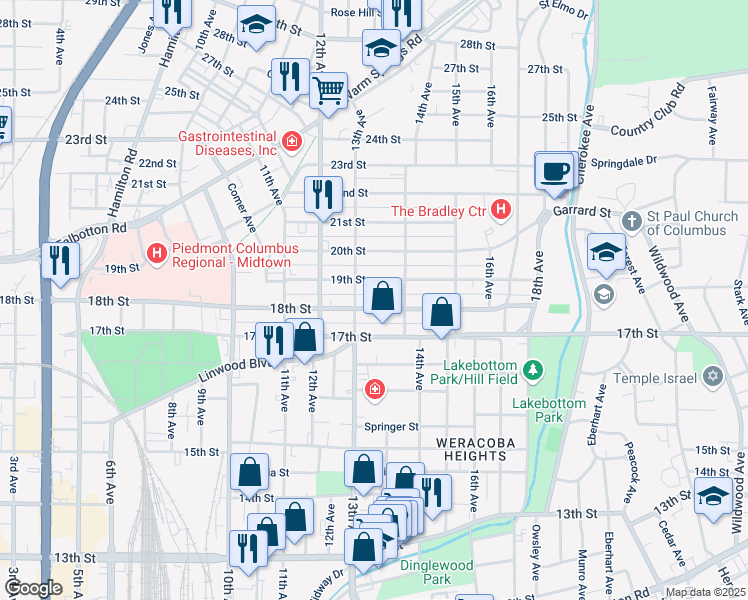 map of restaurants, bars, coffee shops, grocery stores, and more near 1314 18th Street in Columbus