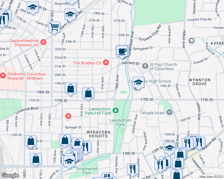 map of restaurants, bars, coffee shops, grocery stores, and more near 1704 18th Street in Columbus