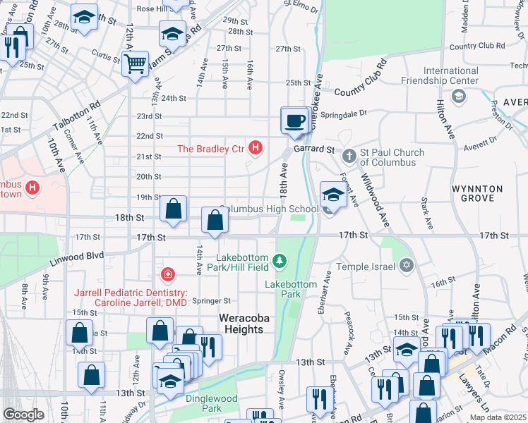 map of restaurants, bars, coffee shops, grocery stores, and more near 1704 18th Street in Columbus