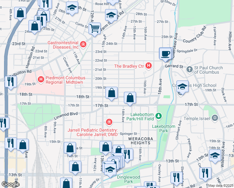 map of restaurants, bars, coffee shops, grocery stores, and more near 1401 18th Street in Columbus