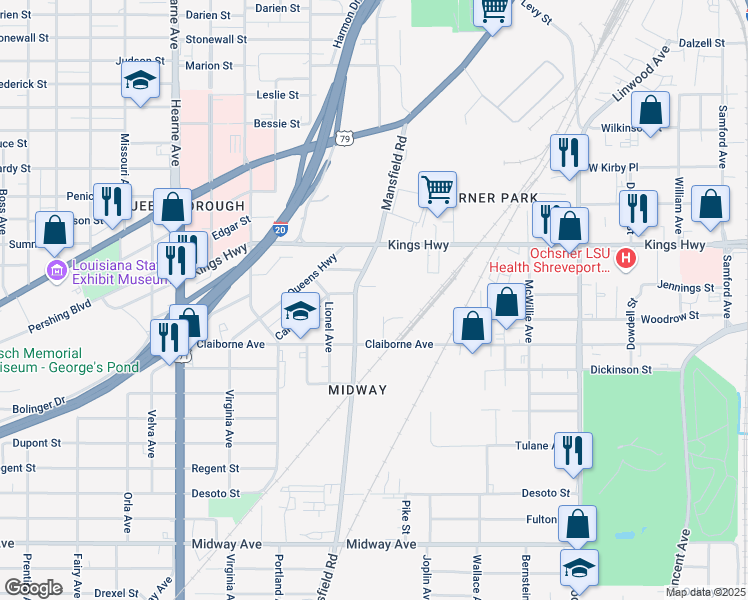 map of restaurants, bars, coffee shops, grocery stores, and more near 3305 Mansfield Road in Shreveport