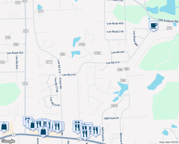 map of restaurants, bars, coffee shops, grocery stores, and more near 18 Springwood Court in Phenix City