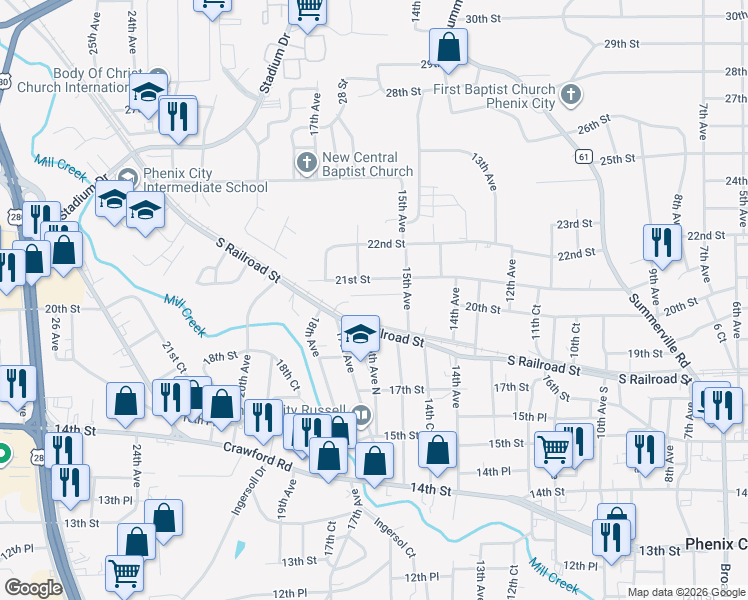 map of restaurants, bars, coffee shops, grocery stores, and more near 1517 Summerplace Drive in Phenix City