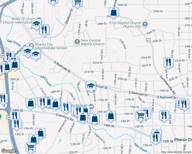 map of restaurants, bars, coffee shops, grocery stores, and more near 1517 Summerplace Drive in Phenix City