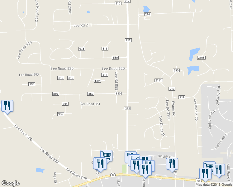 map of restaurants, bars, coffee shops, grocery stores, and more near 2 County Road 850 in Phenix City