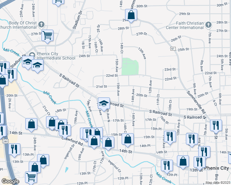 map of restaurants, bars, coffee shops, grocery stores, and more near 1505 Summer Drive in Phenix City