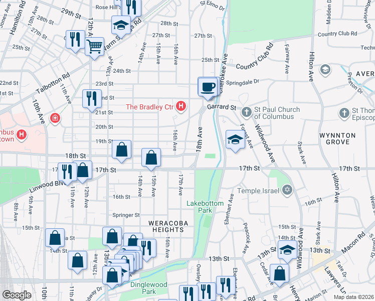 map of restaurants, bars, coffee shops, grocery stores, and more near 1704 18th Street in Columbus