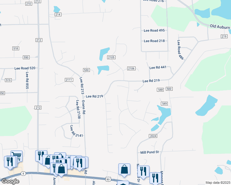 map of restaurants, bars, coffee shops, grocery stores, and more near 18 Springwood Court in Phenix City