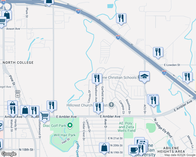 map of restaurants, bars, coffee shops, grocery stores, and more near 2580 Garfield Avenue in Abilene