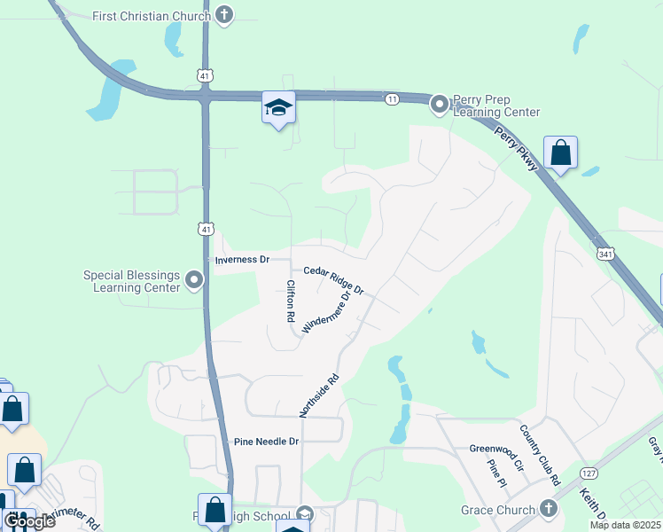 map of restaurants, bars, coffee shops, grocery stores, and more near 200 Cedar Ridge Drive in Perry