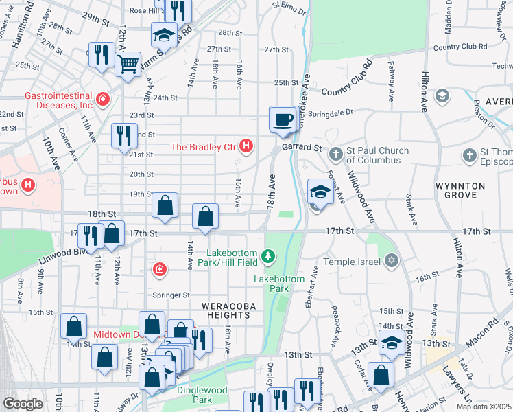 map of restaurants, bars, coffee shops, grocery stores, and more near 1704 18th Street in Columbus