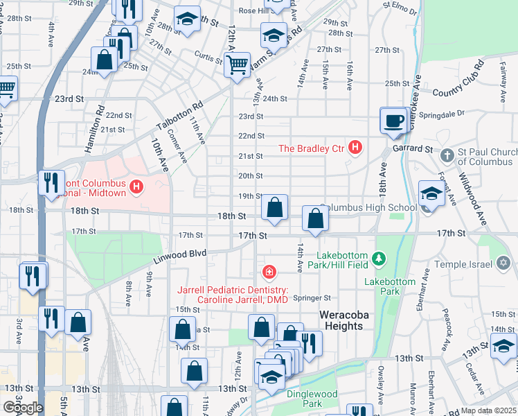 map of restaurants, bars, coffee shops, grocery stores, and more near 1314 18th Street in Columbus