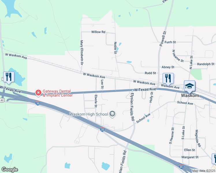 map of restaurants, bars, coffee shops, grocery stores, and more near 120 Lee Street in Waskom