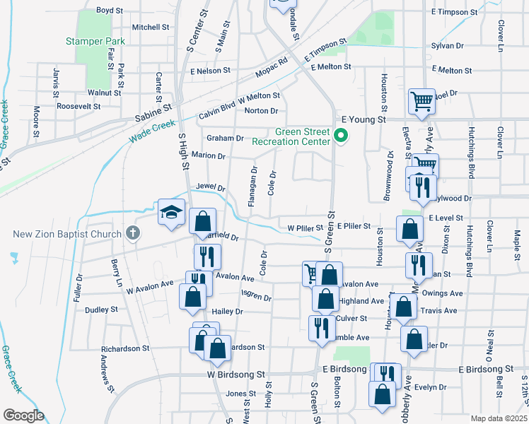 map of restaurants, bars, coffee shops, grocery stores, and more near 200 Jewel Drive in Longview