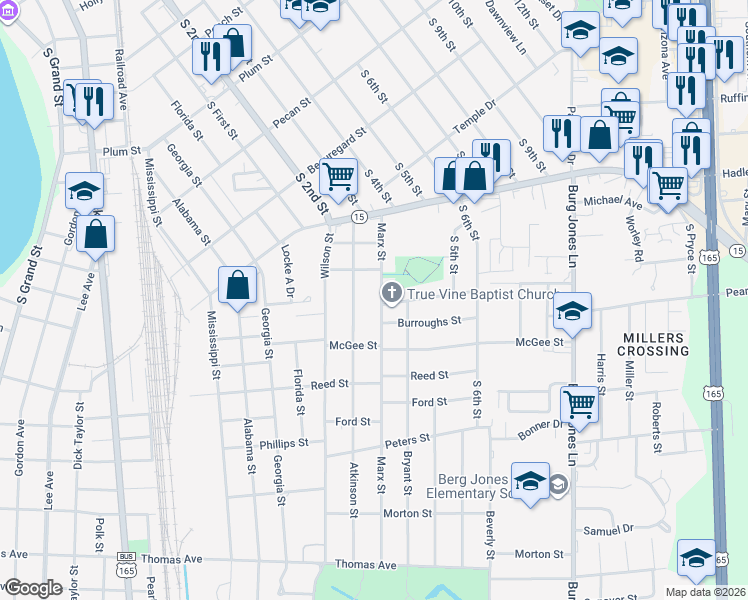 map of restaurants, bars, coffee shops, grocery stores, and more near 801 Burroughs St in Monroe