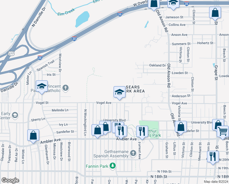 map of restaurants, bars, coffee shops, grocery stores, and more near 2550 Vogel Street in Abilene