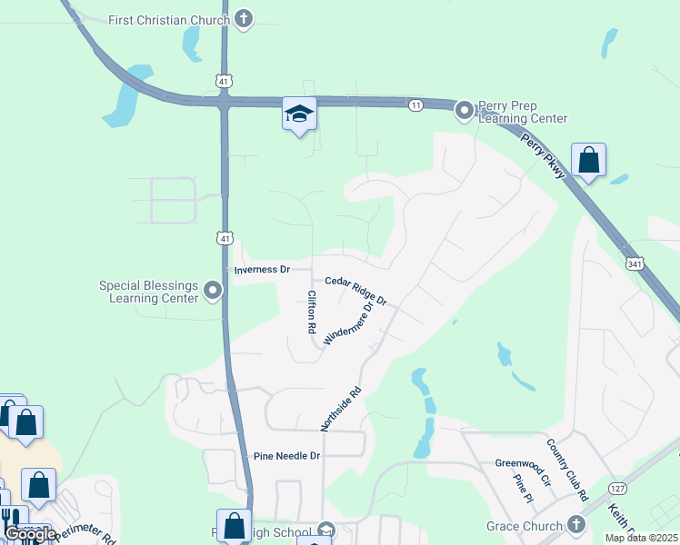 map of restaurants, bars, coffee shops, grocery stores, and more near 200 Cedar Ridge Drive in Perry