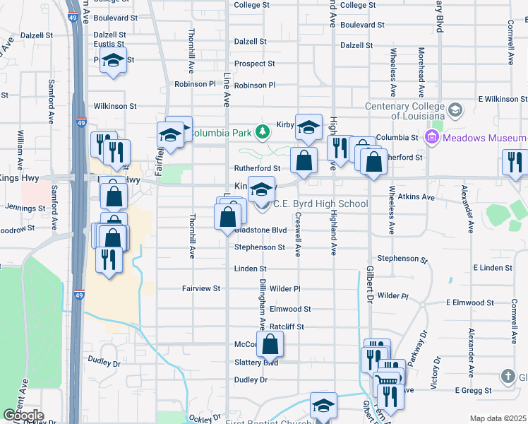 map of restaurants, bars, coffee shops, grocery stores, and more near 3201 Line Avenue in Shreveport