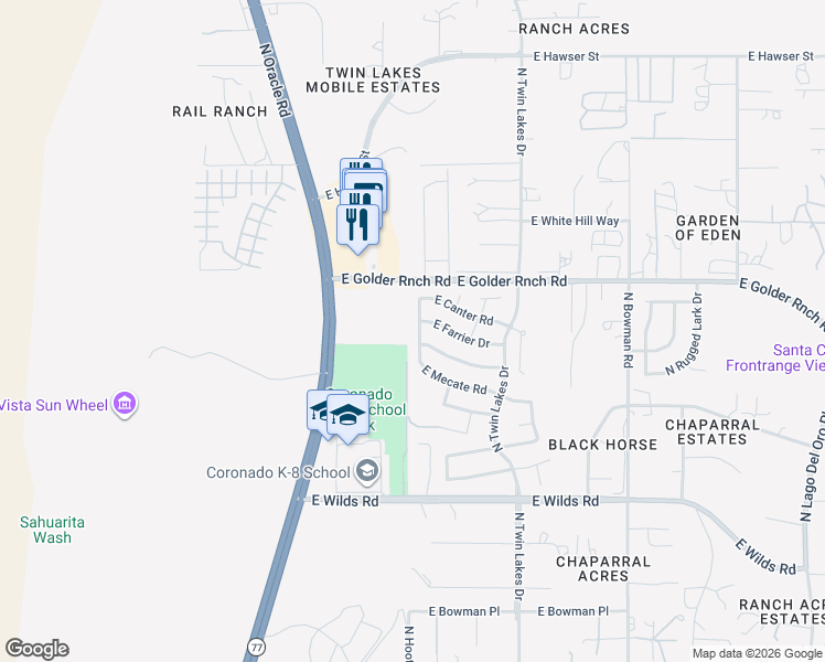 map of restaurants, bars, coffee shops, grocery stores, and more near 15103 North Cutler Drive in Tucson