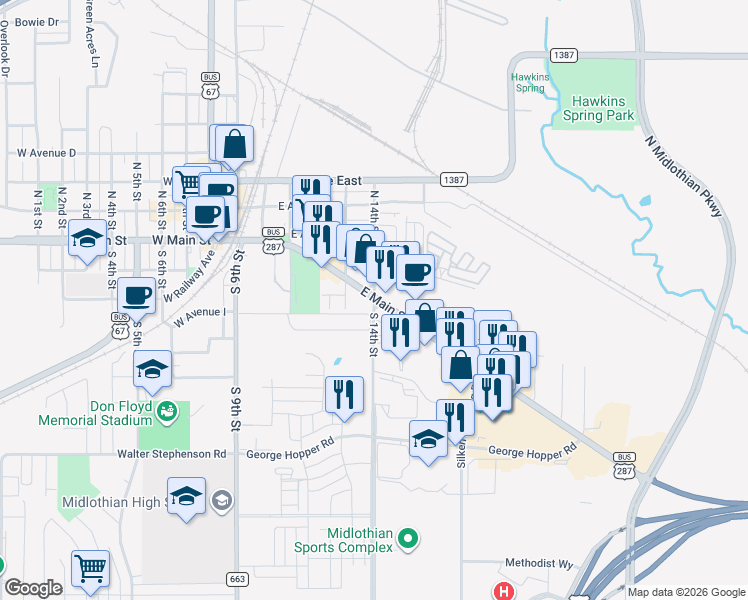 map of restaurants, bars, coffee shops, grocery stores, and more near 110 South 14th Street in Midlothian