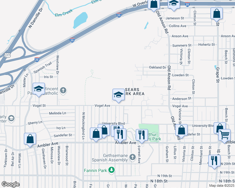 map of restaurants, bars, coffee shops, grocery stores, and more near 2550 Vogel Street in Abilene