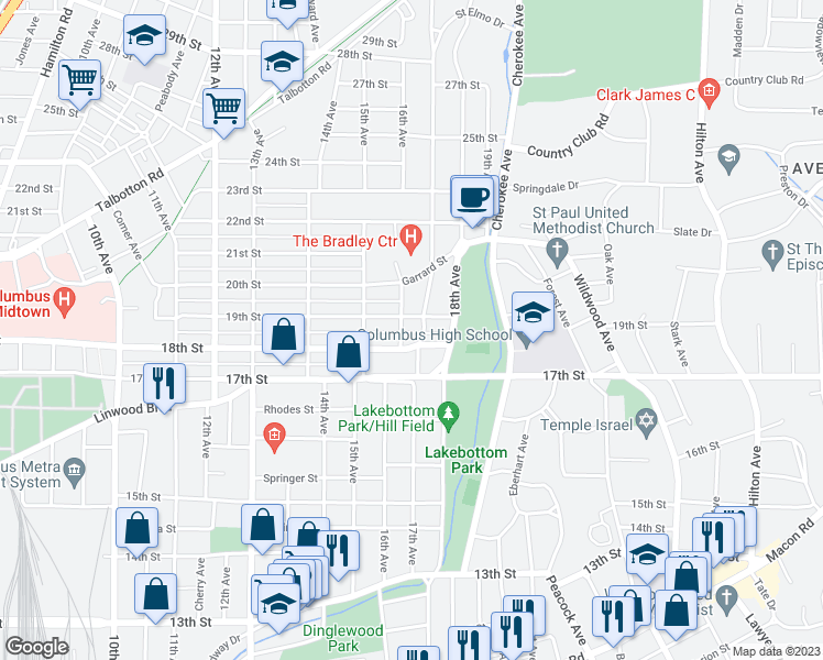 map of restaurants, bars, coffee shops, grocery stores, and more near 1815 17th Avenue in Columbus