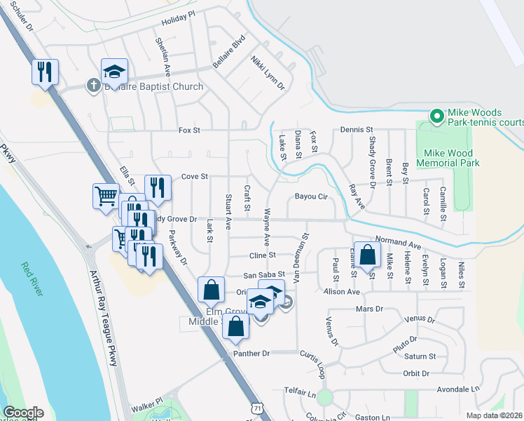 map of restaurants, bars, coffee shops, grocery stores, and more near 1700 Shady Grove Drive in Bossier City