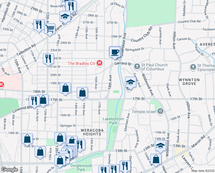 map of restaurants, bars, coffee shops, grocery stores, and more near 1704 18th Street in Columbus
