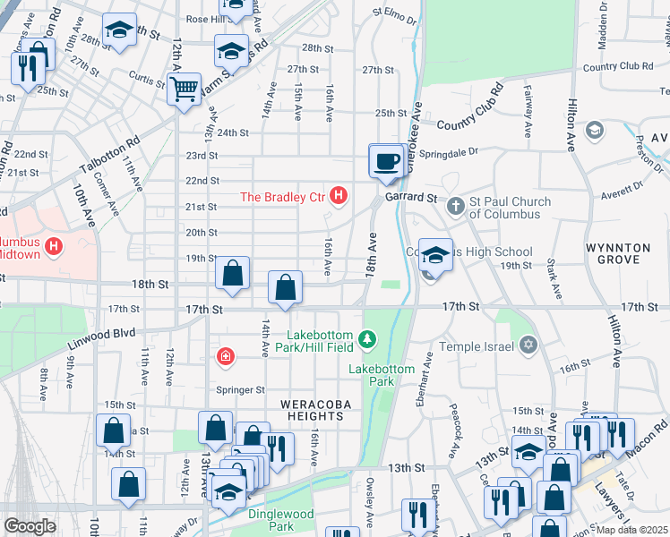 map of restaurants, bars, coffee shops, grocery stores, and more near 1704 18th Street in Columbus