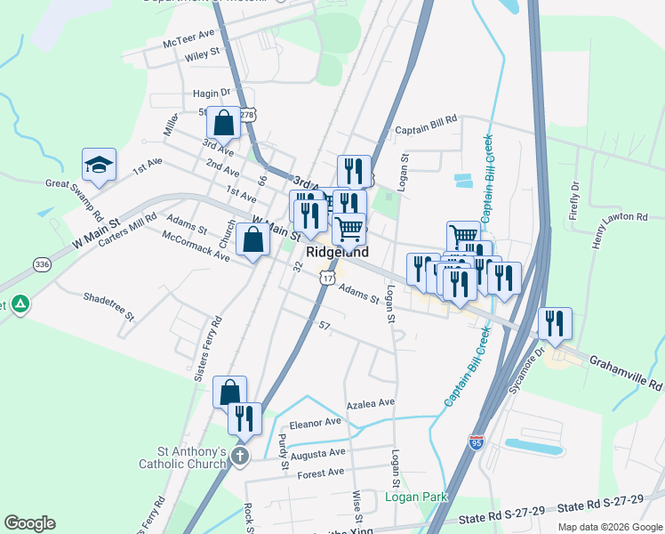 map of restaurants, bars, coffee shops, grocery stores, and more near 10706 South Jacob Smart Boulevard in Ridgeland