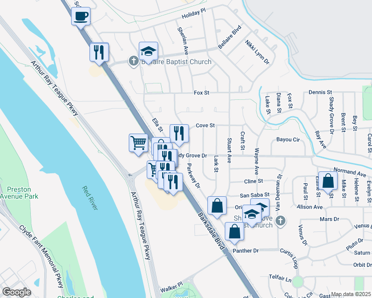 map of restaurants, bars, coffee shops, grocery stores, and more near 4100 Parkway Drive in Bossier City