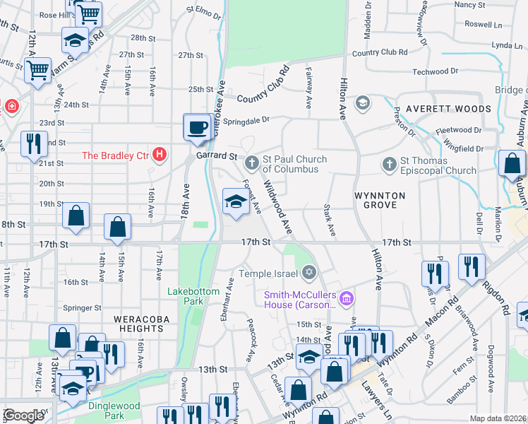 map of restaurants, bars, coffee shops, grocery stores, and more near 1812 Forest Avenue in Columbus