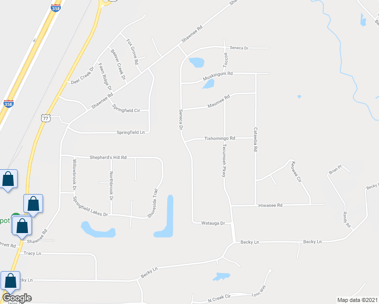 map of restaurants, bars, coffee shops, grocery stores, and more near 399 Seneca Drive in Waxahachie