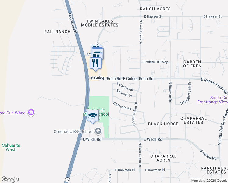 map of restaurants, bars, coffee shops, grocery stores, and more near 3512 East Farrier Drive in Tucson