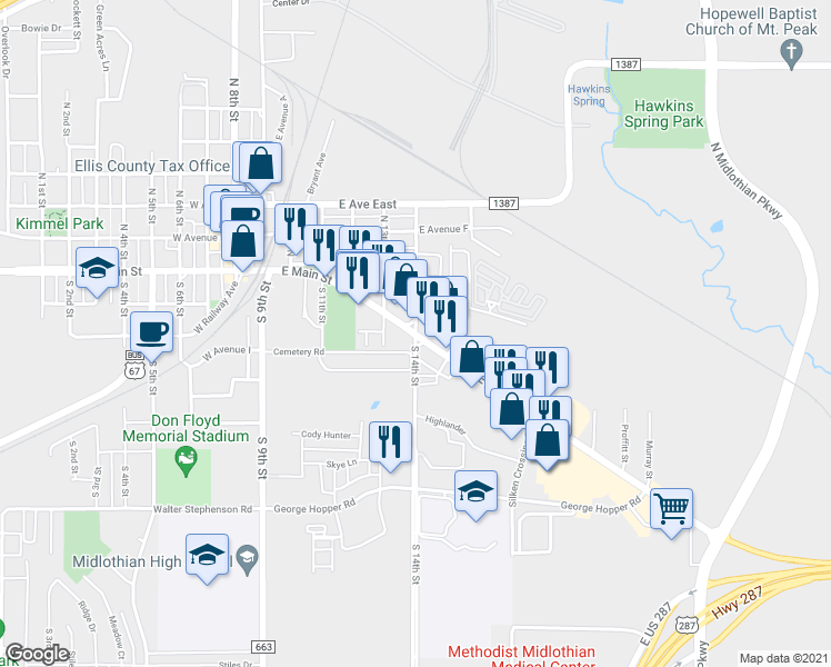 map of restaurants, bars, coffee shops, grocery stores, and more near 169 North 14th Street in Midlothian