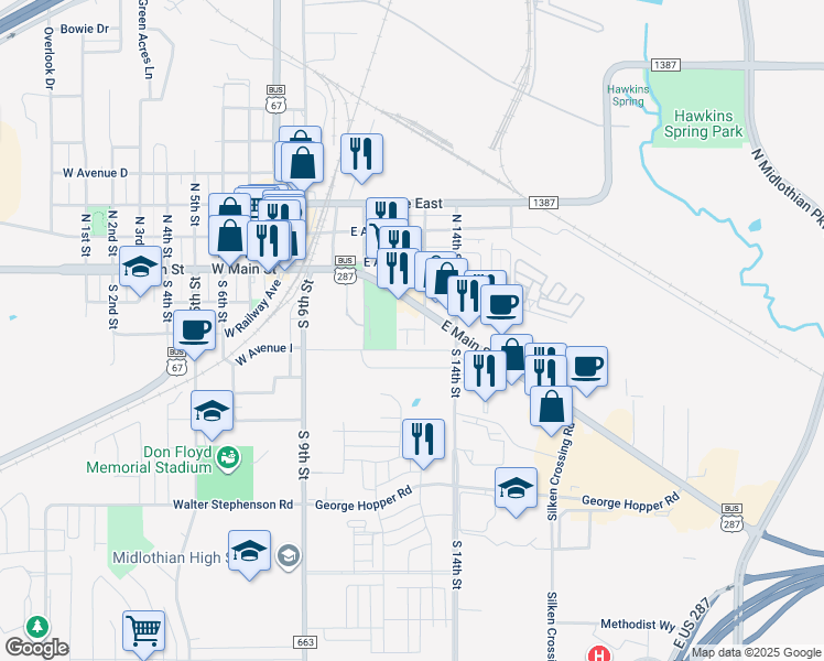 map of restaurants, bars, coffee shops, grocery stores, and more near 400 East Main Street in Midlothian