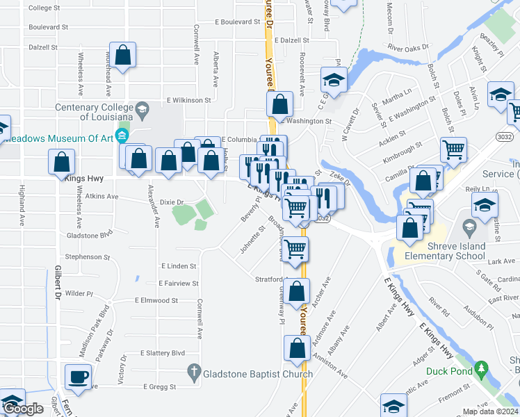 map of restaurants, bars, coffee shops, grocery stores, and more near 507 Broadmoor Boulevard in Shreveport