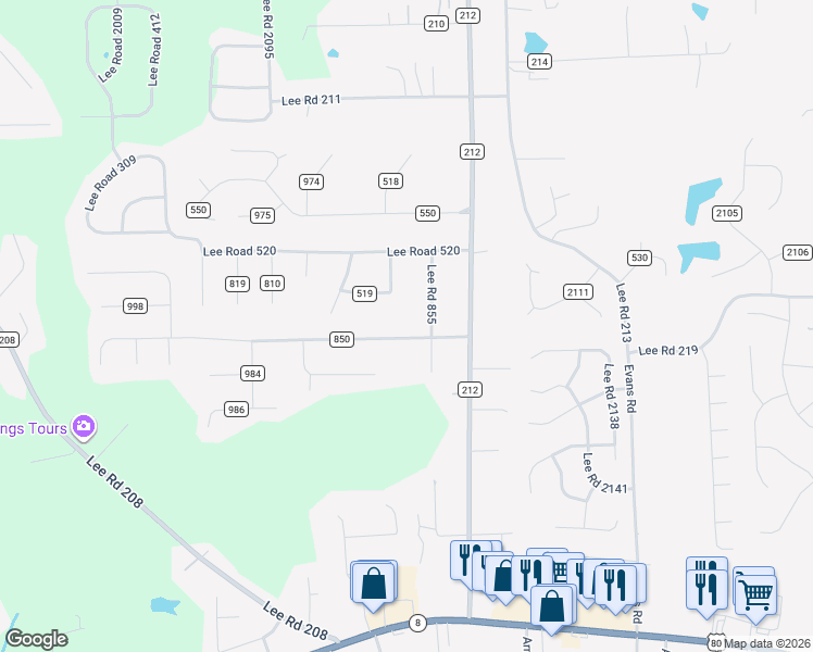 map of restaurants, bars, coffee shops, grocery stores, and more near 2-324 County Road 850 in Phenix City