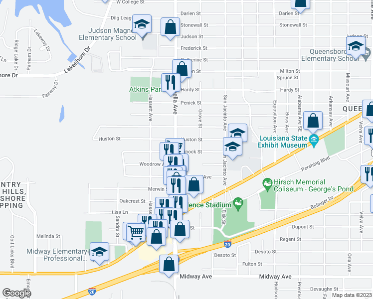 map of restaurants, bars, coffee shops, grocery stores, and more near 3630 Ninock Street in Shreveport