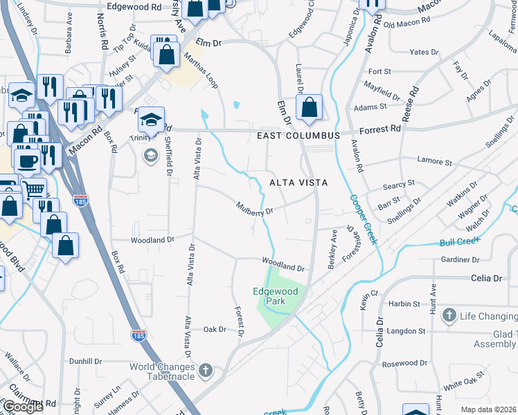 map of restaurants, bars, coffee shops, grocery stores, and more near 3836 Mulberry Drive in Columbus
