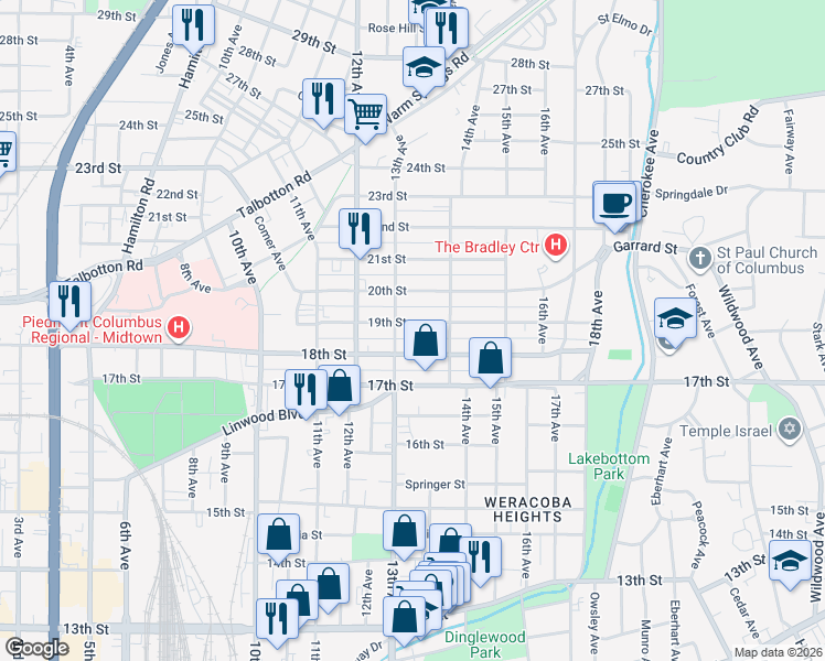 map of restaurants, bars, coffee shops, grocery stores, and more near 1314 18th Street in Columbus
