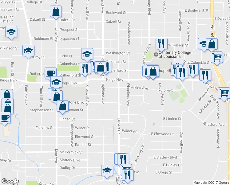 map of restaurants, bars, coffee shops, grocery stores, and more near 412 Gladstone Boulevard in Shreveport