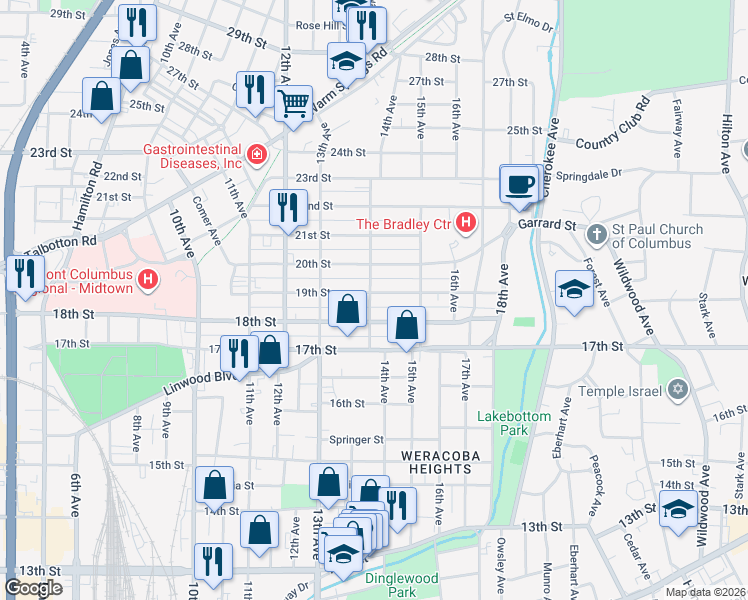 map of restaurants, bars, coffee shops, grocery stores, and more near 1860 14th Avenue in Columbus