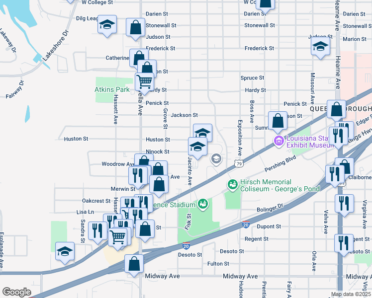 map of restaurants, bars, coffee shops, grocery stores, and more near 3510 Huston Street in Shreveport