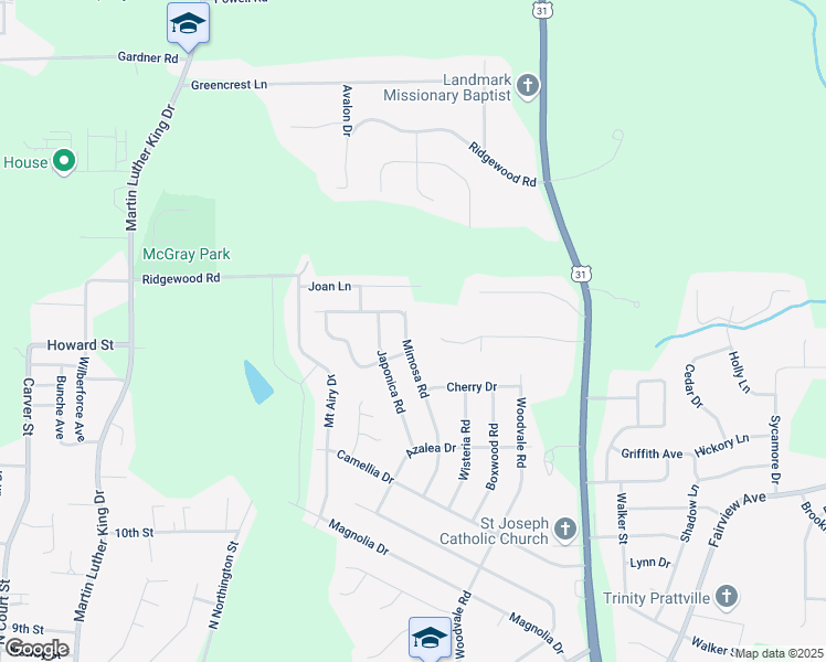 map of restaurants, bars, coffee shops, grocery stores, and more near 708 Mimosa Road in Prattville