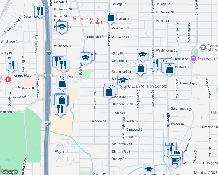 map of restaurants, bars, coffee shops, grocery stores, and more near 739 Kings Hwy in Shreveport