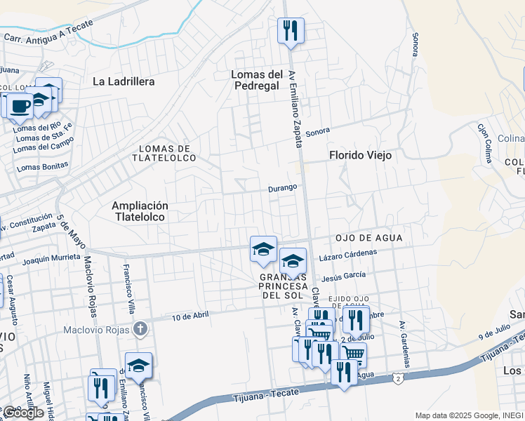 map of restaurants, bars, coffee shops, grocery stores, and more near Valle Redondo in Tijuana
