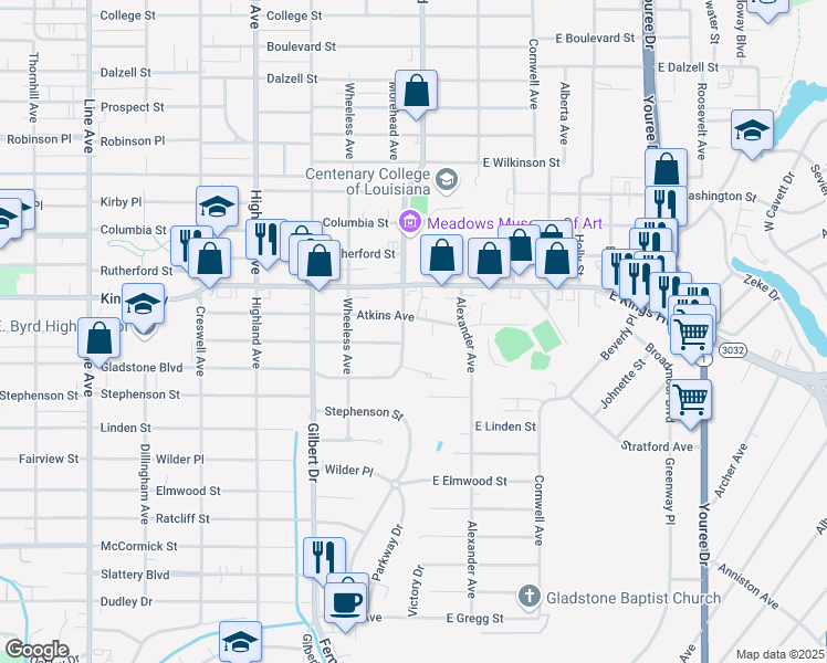 map of restaurants, bars, coffee shops, grocery stores, and more near 3201 Centenary Boulevard in Shreveport