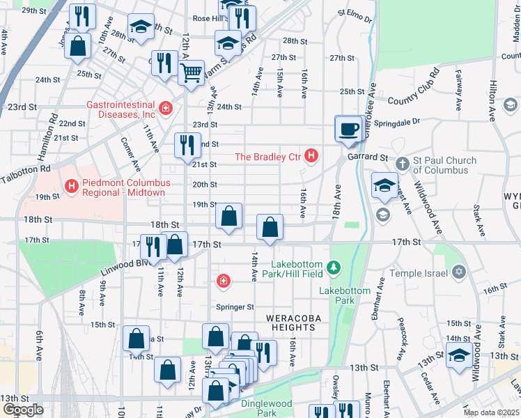 map of restaurants, bars, coffee shops, grocery stores, and more near 1433 19th Street in Columbus
